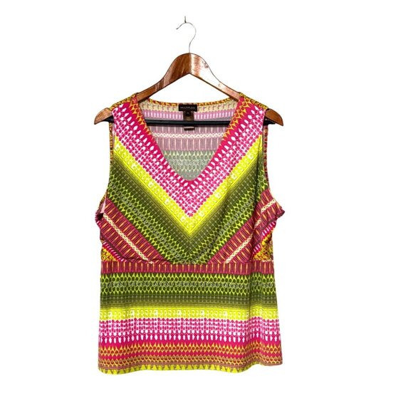 Multiples Tops - Bright Multicolor Chevron Sleeveless Top By Multiples XL V-Neckline Lightweight